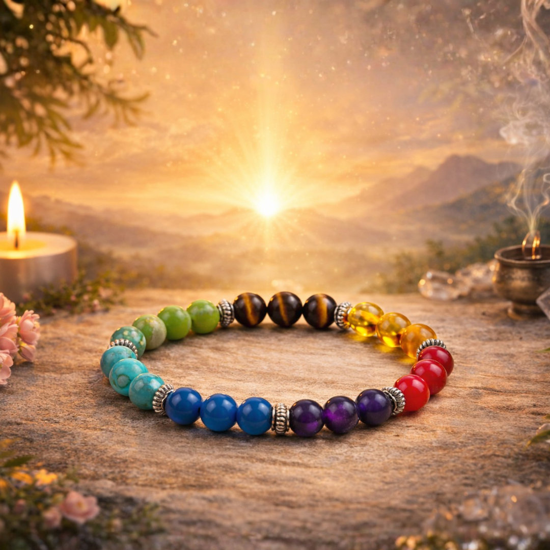 7 chakra bracelet with natural healing gemstones – amethyst, lapis lazuli, turquoise, green aventurine, tiger eye, citrine and red jasper
