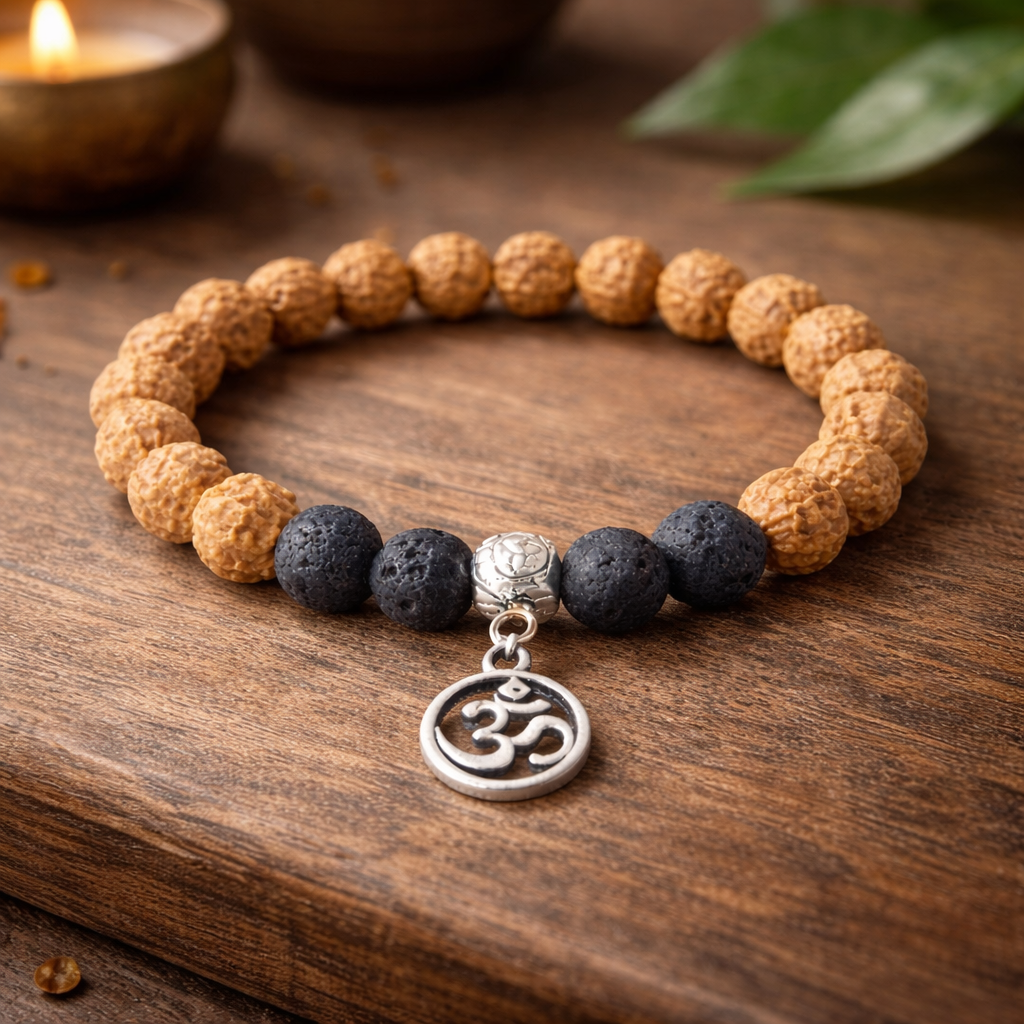 Rudraksha and black lava bead bracelet with silver Om charm placed on a wooden background for spiritual energy and protection.