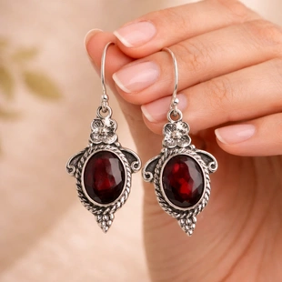 925 Sterling Silver Handmade Garnet Flower Earrings