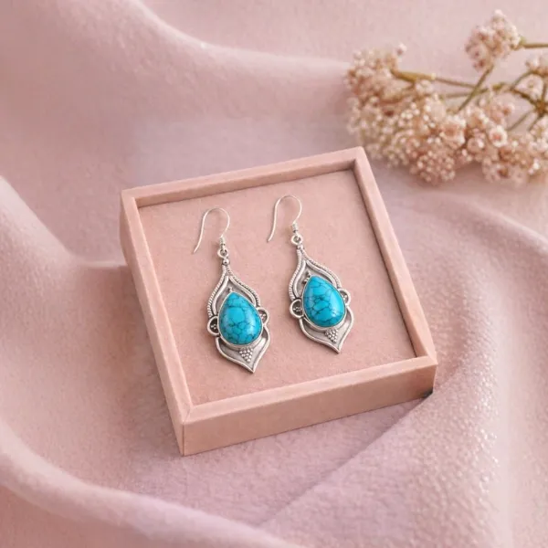 Turquoise Teardrop Gemstone Earrings in 925 Silver – For Protection