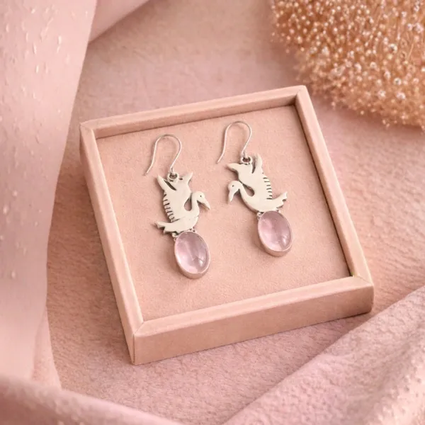 925 Silver Natural Rose Quartz Duck Earrings – Adorable Love Stone