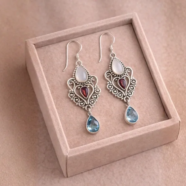 925 Sterling Silver Natural Blue Topaz, Garnet & Rose Quartz Earrings