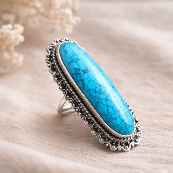 Long Bar Turquoise Statement Ring in 925 Sterling Silver