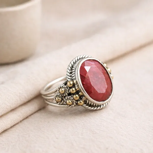 Indian Ruby Bohemian Ring | 925 Sterling Silver Manik Stone