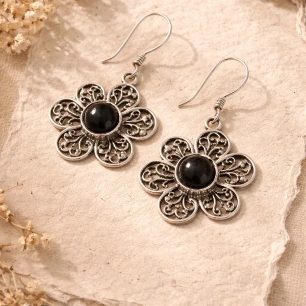 Natural Black Onyx Filigree Earrings in 925 Sterling Silver for Women