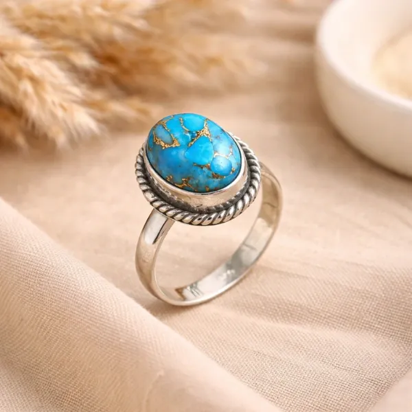 Blue Copper Turquoise Statement Ring in 925 Sterling Silver for Women