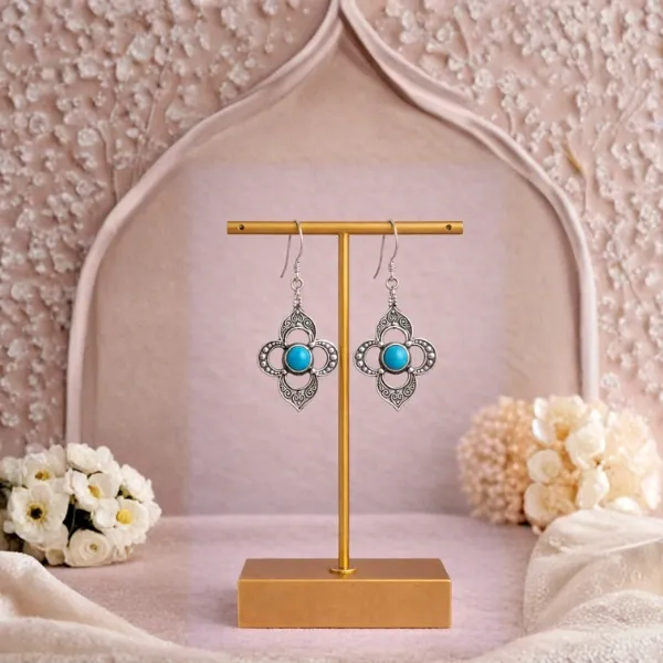 Antique Turquoise Gemstone Dangle Earrings in 925 Sterling Silver - Vintage Clover Design Protection Jewelry by Suyagya