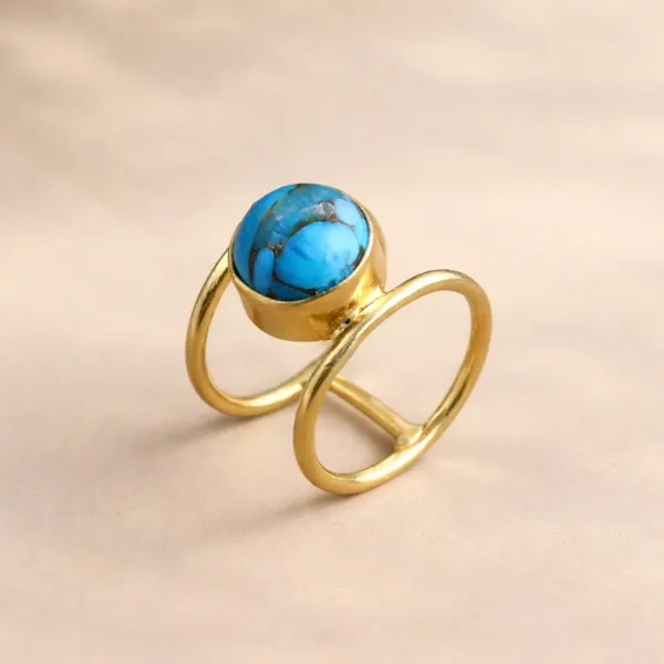 Bohemian Blue Copper Turquoise Dual Band Ring in 925 Silver and Gold Vermeil - Two Tone Jewelry